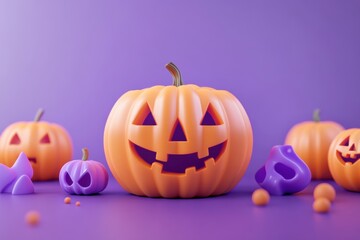 Halloween pumpkins and purple decorations on a purple background in a studio setting render scene