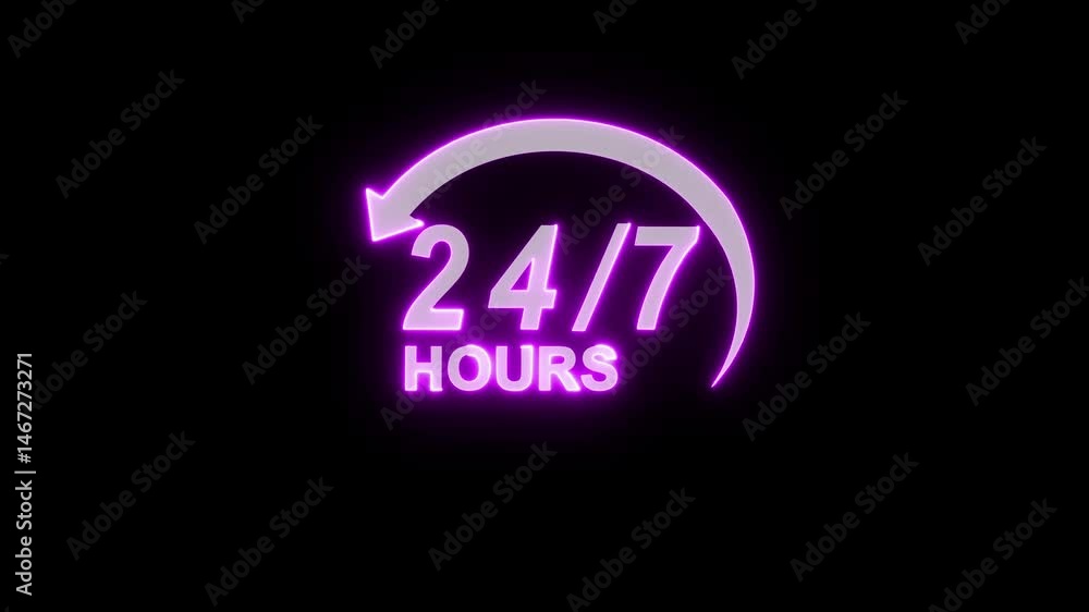 Poster neon text 24/7 shop, lettering.24 by 7 circle clock neon animation. stopwatch animated icon glow eff