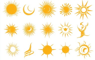 set of yellow sun icons in flat design on white background