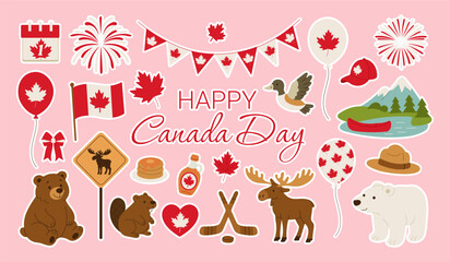 A collection of Canadian flags, maple leaves, and other Canadian icons are displayed on a pink background. The image is titled "Happy Canada Day" and features a variety of Canadian animals