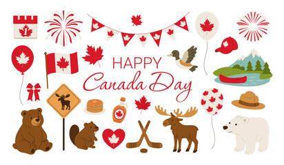 A colorful image of Canada Day with a variety of Canadian flags, animals, and sports equipment. Concept of celebration and patriotism