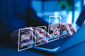 Document Review and Quality Control Process Concept. Person using laptop with document and...