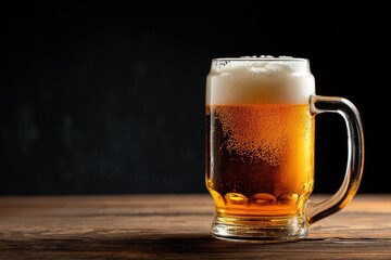 Glass mug of beer with thick foam head and golden hue, sitting on textured wood, perfect for bar promotions, craft beer ads, and social drink content