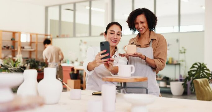 Pottery, friends and selfie of women with ceramic for social media, online post and creative influencer. Art studio, workshop and people on smartphone for photo of hobby, clay object and sculpture