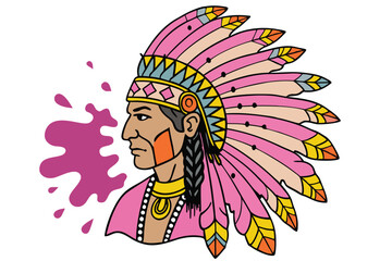 A colorful portrait of a Native American chief in a feathered headdress. His face is etched with wisdom and determination.