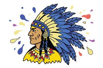 A colorful portrait of a Native American chief in a feathered headdress. His face is etched with wisdom and determination.