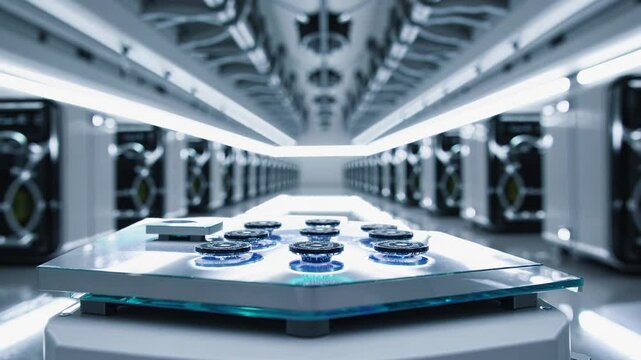Advanced quantum chips processing complex data inside pristine server room, highlighting cutting edge computational technology with glowing blue light and sophisticated digital infrastructure