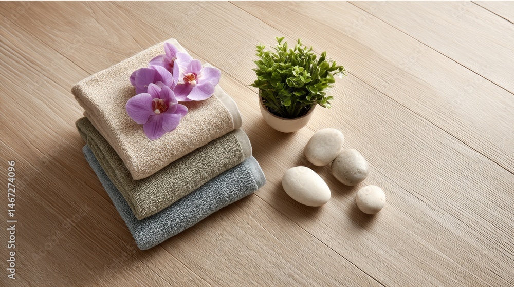 Aufkleber spa essentials featuring neatly folded towels, orchid flowers, and smooth stones create a calming co