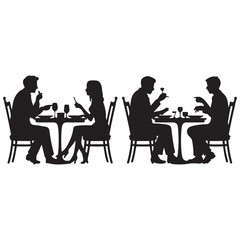 Vector Black silhouette of people sitting at restaurant tables eating and drinking with white background