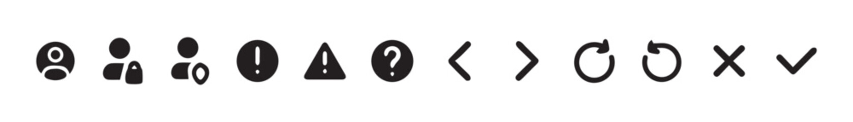 Black and White UI Icon Set – User, Warning, Navigation, and Action Symbol