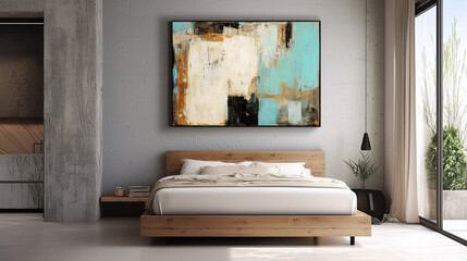Modern bedroom featuring abstract wall art above wooden bed, creating serene and stylish atmosphere. light colors and textures enhance calming vibe of space