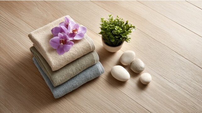 Spa essentials featuring neatly folded towels, orchid flowers, and smooth stones create a calming composition on a light wood surface with room for text