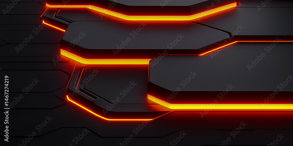 Poster futuristic 3d hexagonal motion graphic background with glowing orange lines, layered black shapes, a