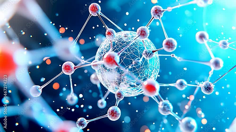 Poster a close up of a cell with many small spheres and lines. the spheres are red and the lines are white.