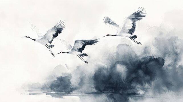 Sumi-e Ink Painting of Cranes Flying Over Water