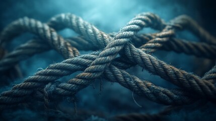 Fototapeta premium Intricate tangled ropes in a smoky, dark environment