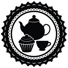 Elegant Tea Party Silhouette Teapot, Cupcake, and Teacup Design