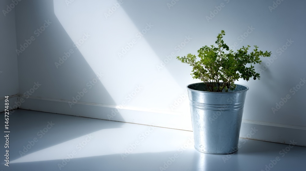 Poster bright overhead light casts diagonal shadows across a green potted plant in a minimalistic room feat