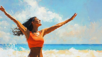 A young Black woman in an orange sports bra smiles while stretching her arms outdoors.