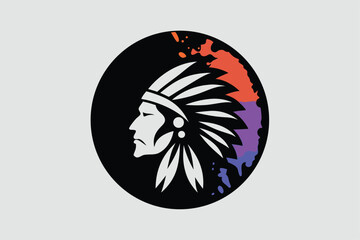 A colorful portrait of a Native American chief in a feathered headdress. His face is etched with wisdom and determination.