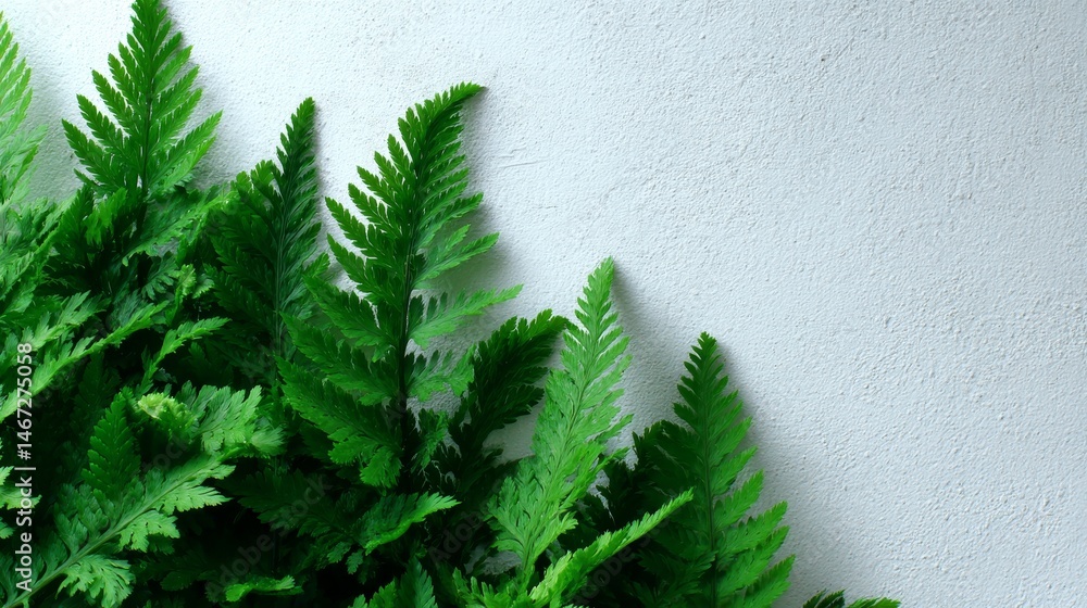 Aufkleber fern tips slowly unfurl and stretch towards light, set against a smooth white surface. the contrast 