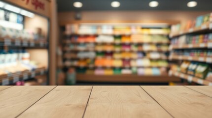 Wooden table in front of blurred grocery store shelves stocked with various products