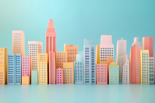 Colorful paper cutout cityscape of various buildings and skyscrapers on a turquoise backdrop - Powered by Adobe