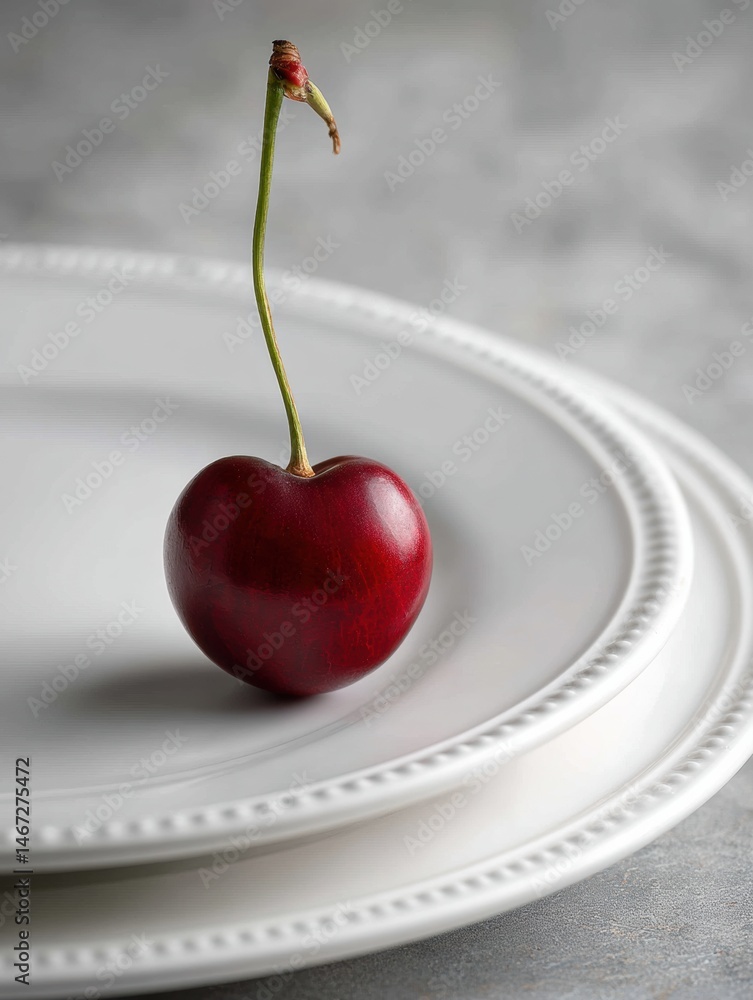 Poster cherry stem rests elegantly on the edge of a white plate surrounded by more plates in a simple kitch