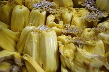 A close-up of an opened jackfruit showcasing its vibrant yellow fleshy pods surrounded by fibrous...