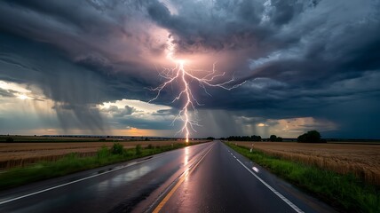Dramatic Lightning Strike Illuminating Rural Road During Storm Heavy Rain And Dark Clouds Creating A Powerful Atmospheric Weather Scene Over Agriculture Fields