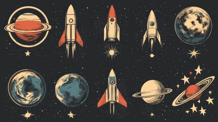 Vintage space rockets, planets, and stars illustration.