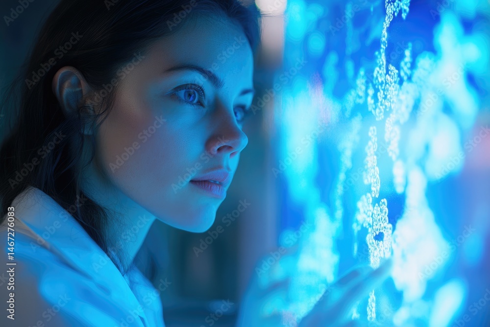 Poster a woman in a lab coat interacts with a blue glowing display, analyzing data streams and information.
