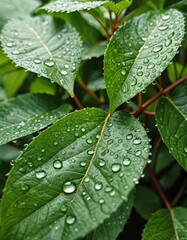 A Close-Up of Lush Green Leaves Adorned with Sparkling Water Droplets