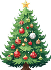 Decorated Christmas Tree with Ornaments Vector Isolated - Holiday Celebration Illustration - Traditional Festive Graphic - Shiny Baubles and Lights - Cozy Winter Clipart