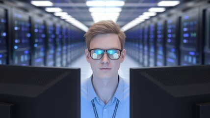 Data center specialist working in server room environment with screens