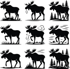 Moose Silhouette Set | Wild Animal Icon Collection Majestic Moose Vector Silhouettes | Forest Wildlife Design
