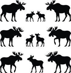 Moose Silhouette Set | Wild Animal Icon Collection Majestic Moose Vector Silhouettes | Forest Wildlife Design