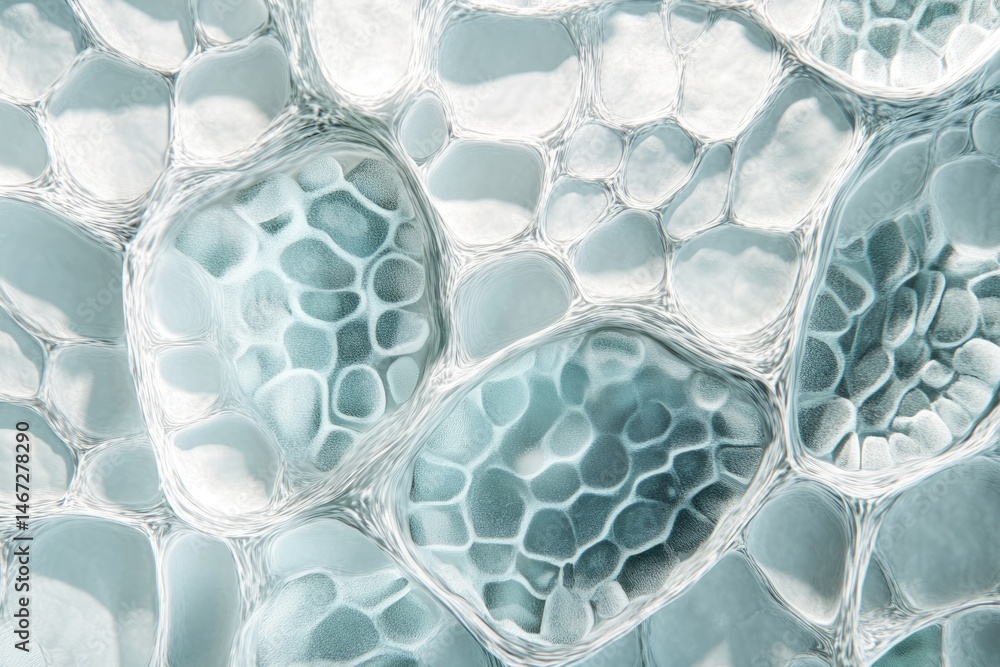 Poster a visually intricate depiction of cells or bubbles with a light, airy, and almost ethereal quality t