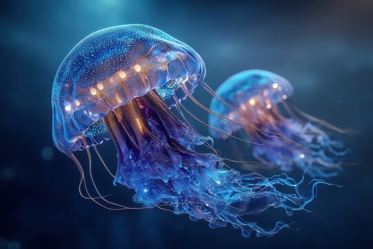Underwater scene, bioluminescent jellyfish in deep ocean