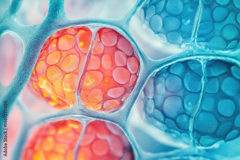 Poster a microscopic view of cells, showing a network-like structure with orange and blue colored cell comp