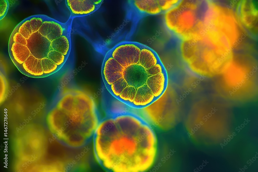 Poster microscopic view of cells with vibrant colors and detailed internal structures, connected by translu