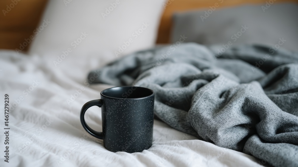 Poster A textured black mug rests on a white surface, illuminated by indirect daylight from the side, providing an ideal setting for customizable designs and presentations