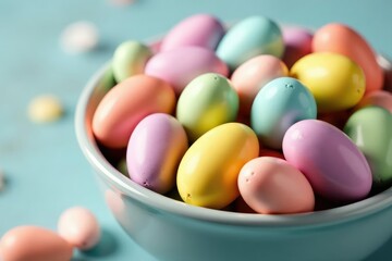 Colorful pastel Easter egg candies in a bowl, close-up shot , holiday, sugary