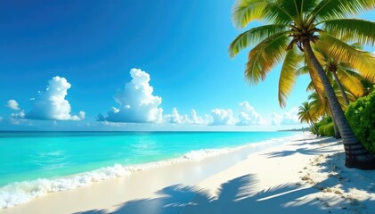 Sunny Miami Beach day, vibrant blue ocean, clear sky, palm trees swaying , Horizon, Clouds
