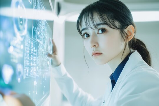 Young female scientist in a lab coat examines a complex digital interface displaying intricate diagrams and data visualizations. - Powered by Adobe