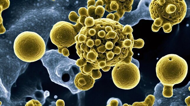 Microscopic view of budding yeast cells reproducing by budding