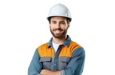 Portrait of a smiling male construction worker wearing helmet, isolated on transparent background