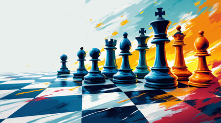 "Dynamic Chess Pieces – Vibrant Fluid Brush Strokes of Strategy & Competition with Copy Space"