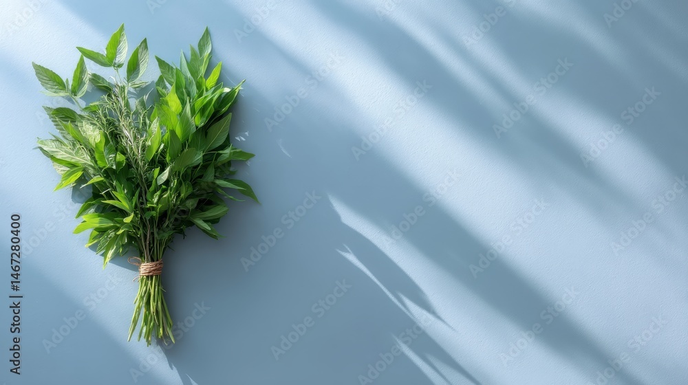 Aufkleber a vibrant bundle of fresh herbs is arranged on a pale blue surface, casting soft shadows from one si