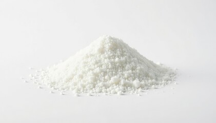Pile of white granulated sugar on white background, powder, ingredient